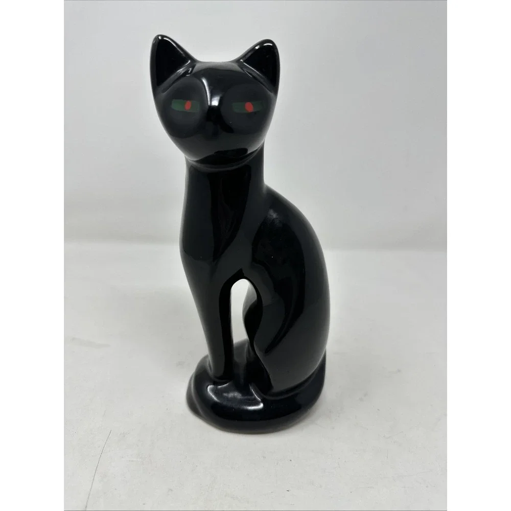 Vintage Siamese Black Cat Figurine Green Red Eyes Ceramic MCM 8.5
